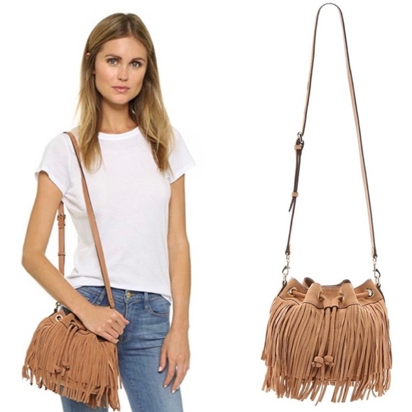 Rebecca Minkoff Fiona Mini Bucket Bag Tan Brown Suede Fringe Crossbody - Picture 1 of 16